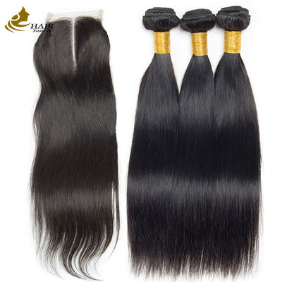OEM 18 polegadas natural preto reto bruto virgem de cabelo humano feixes com fecho