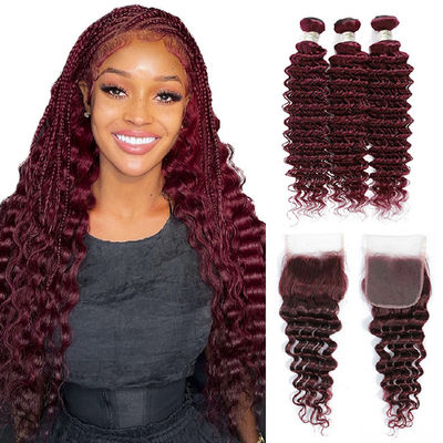 Peruca Ombre 99J de Cabelo Humano com Ondas Profundas, Cor Borgonha, Bundles com Extensões e Fechamento