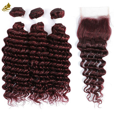 Peruca Ombre 99J de Cabelo Humano com Ondas Profundas, Cor Borgonha, Bundles com Extensões e Fechamento