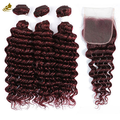 Peruca Ombre 99J de Cabelo Humano com Ondas Profundas, Cor Borgonha, Bundles com Extensões e Fechamento