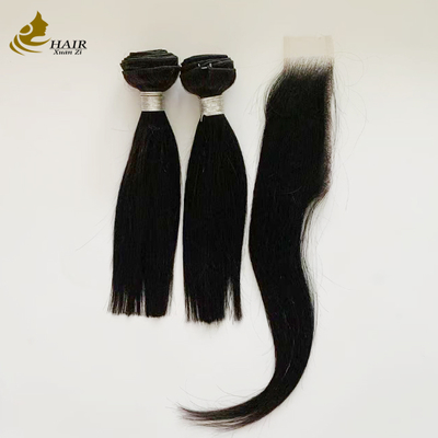 2 Pacotes de Cabelo de 10 polegadas e Fechamento de Cabelo HD 2*6 Cabelo Humano Virgem Preto Natural Cabelo Liso