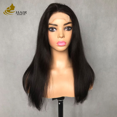 Peruca de cabelo humano liso preto natural de 22 polegadas com renda frontal 4*4